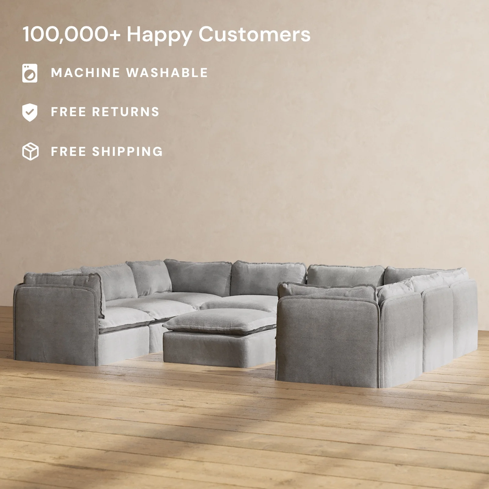 Slipcover Only - Modular Washable 8-Seater U-Sectional + Ottoman in Ash - Image 2