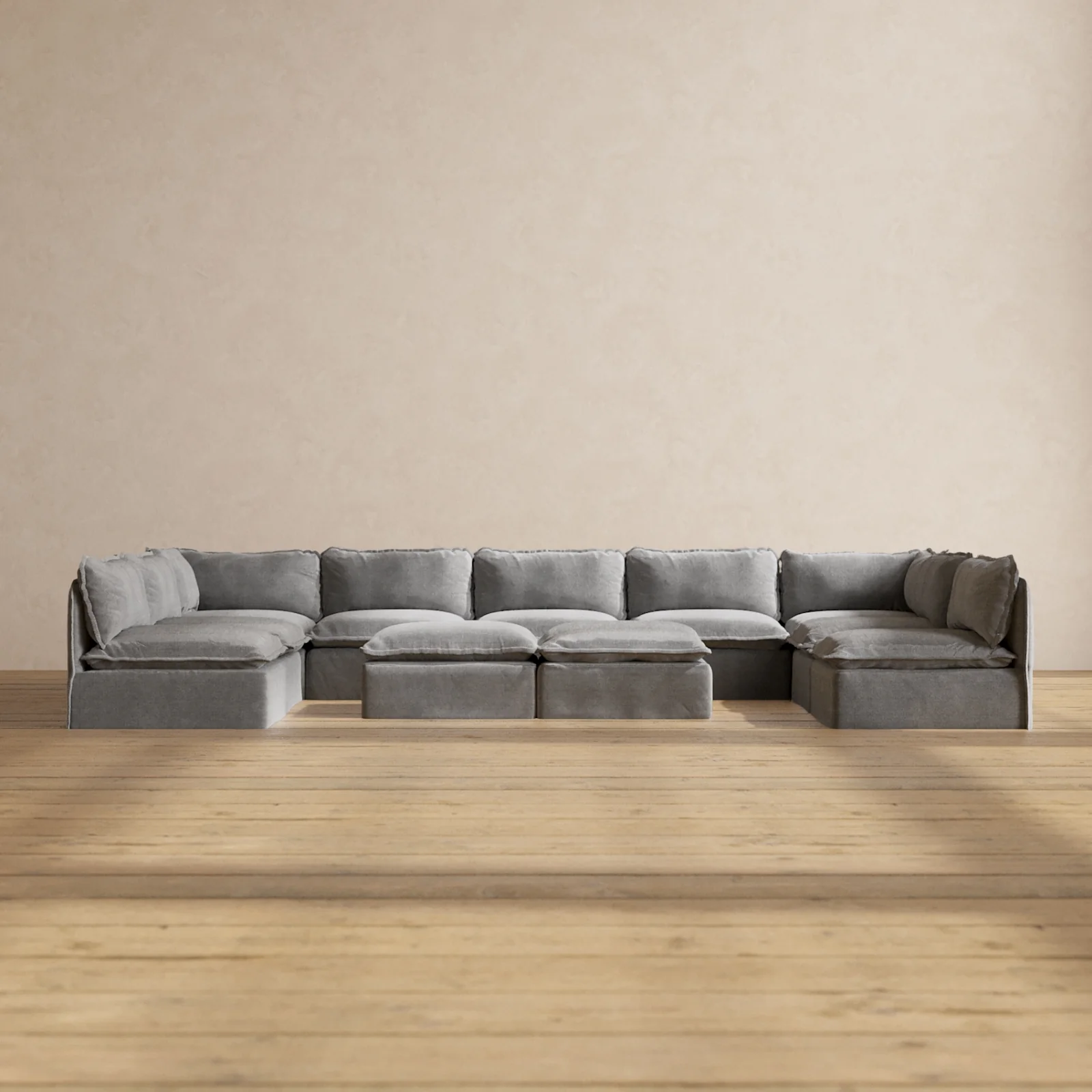 Slipcover Only - Modular Washable 9-Seater Open-Ends U-Sectional + Bench Ottoman in Ash