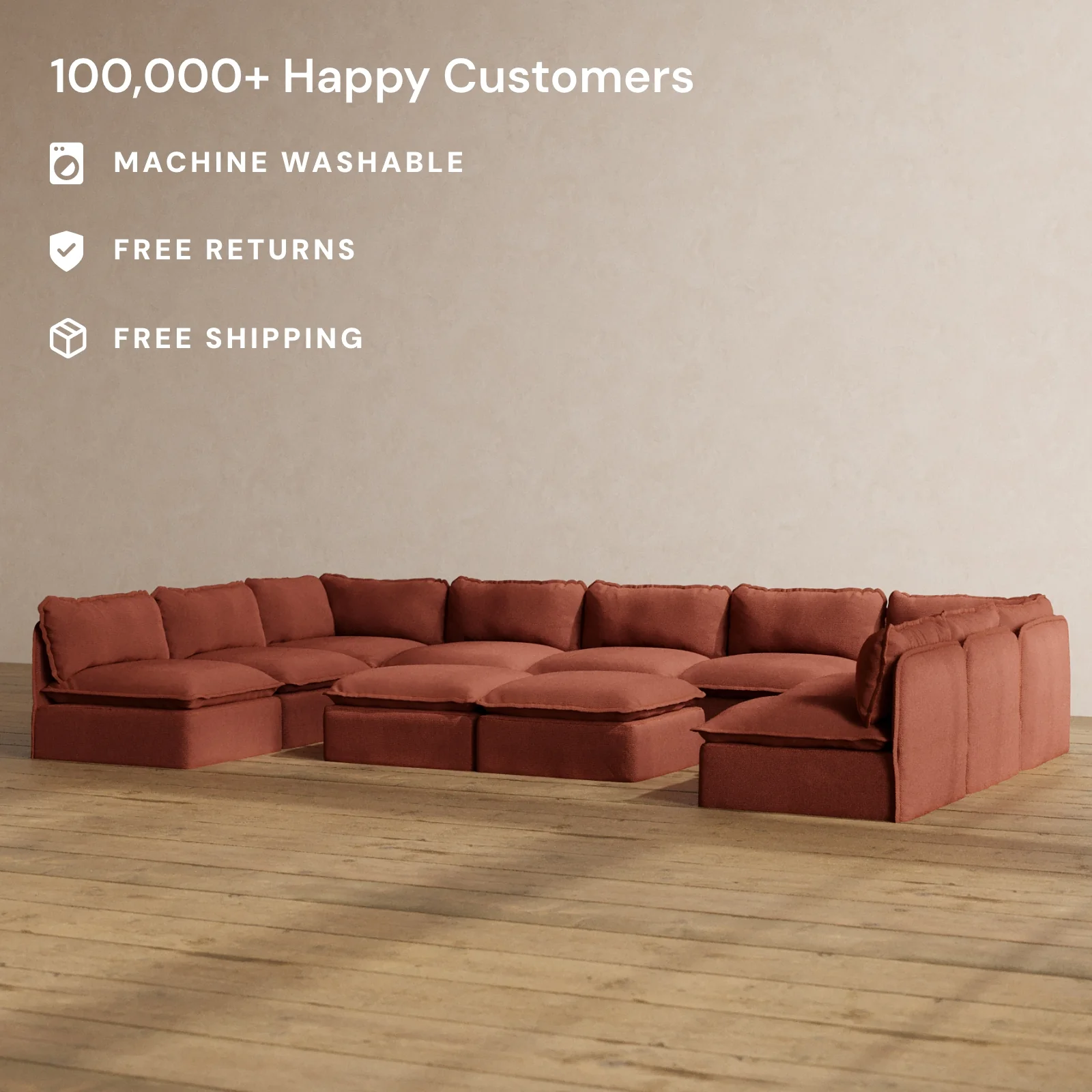 Slipcover Only - Modular Washable 9-Seater Open-Ends U-Sectional + Bench Ottoman in Rust - Image 2