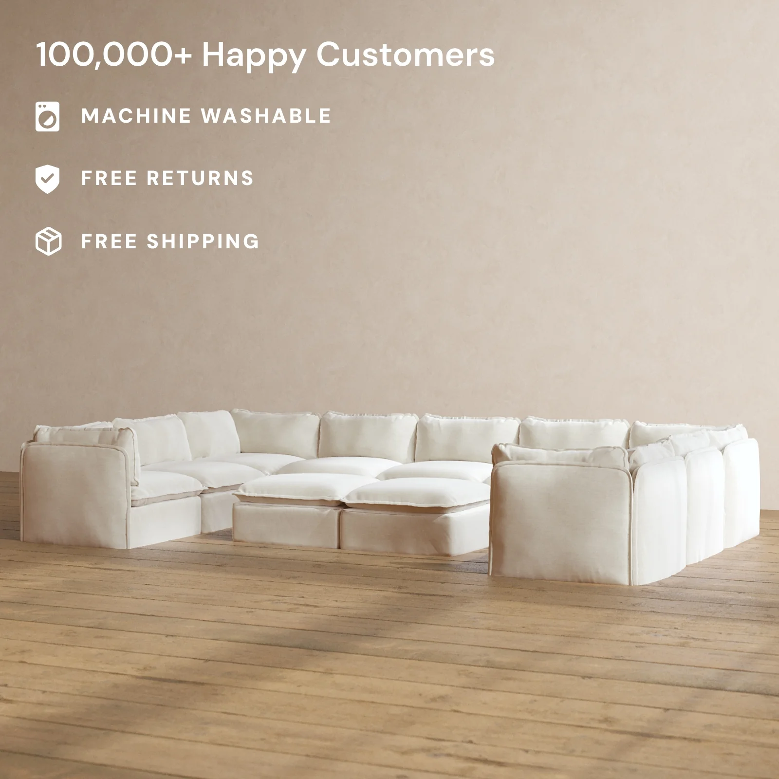 Slipcover Only - Modular Washable 9-Seater U-Sectional + Bench Ottoman in Coco - Image 2